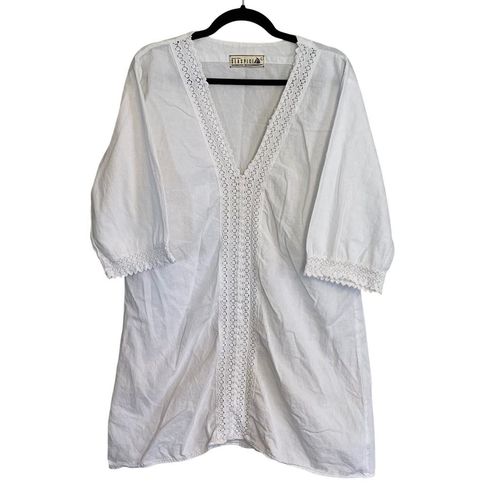 Seaspice White 100% Peruvian Cotton Crochet Lace Tunic Dress Cover Up Large